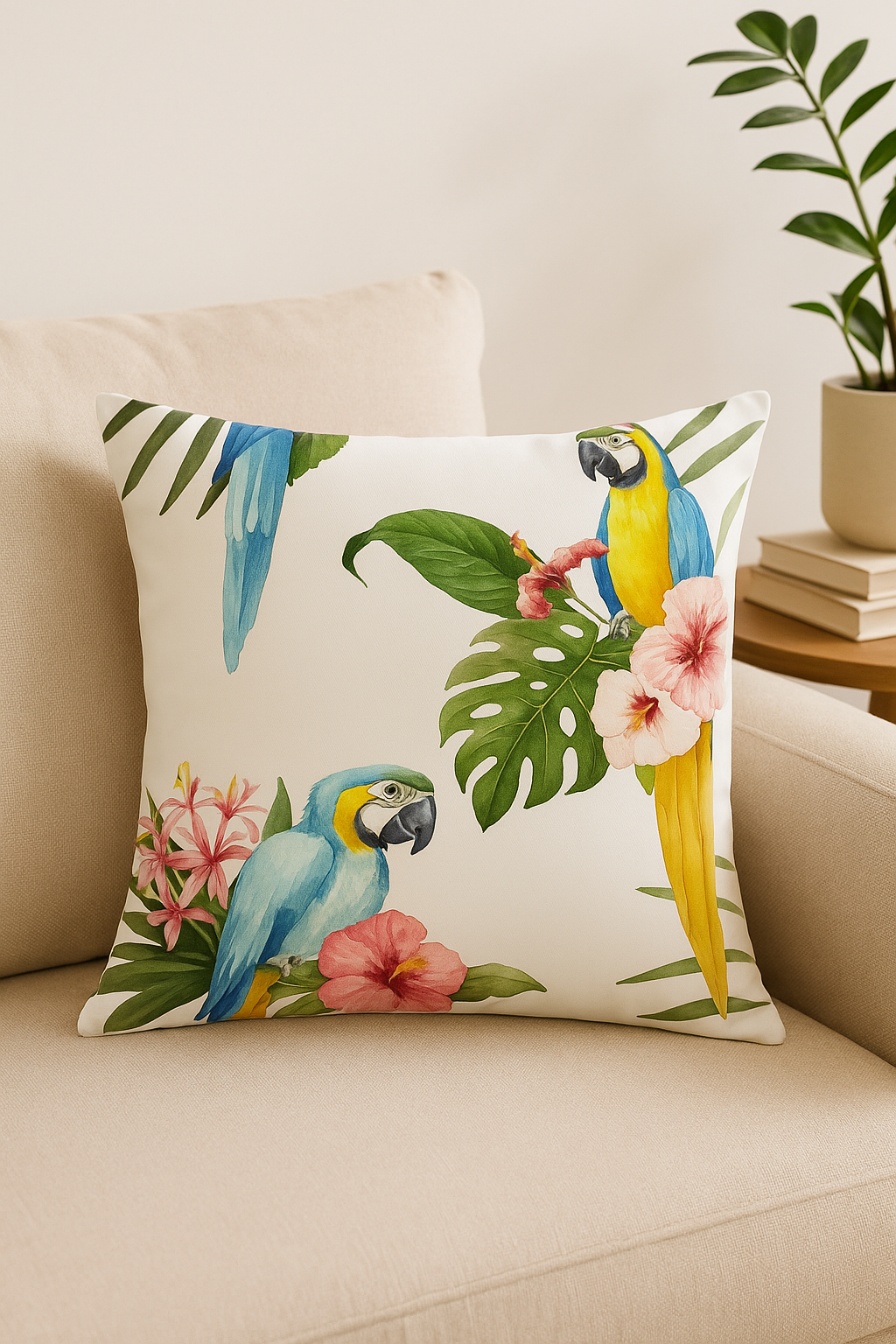 housse de coussin tropical motif perroquet coloré pour salon