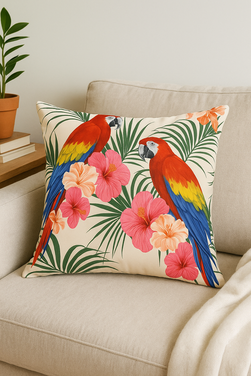 housse de coussin tropical motif perroquet pour salon - vue 2 sur 2