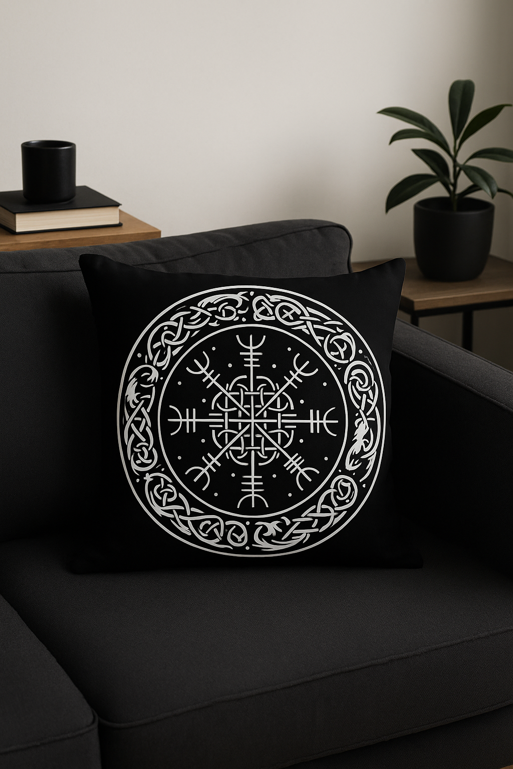 housse de coussin viking amulet motif géométrique noir et blanc
