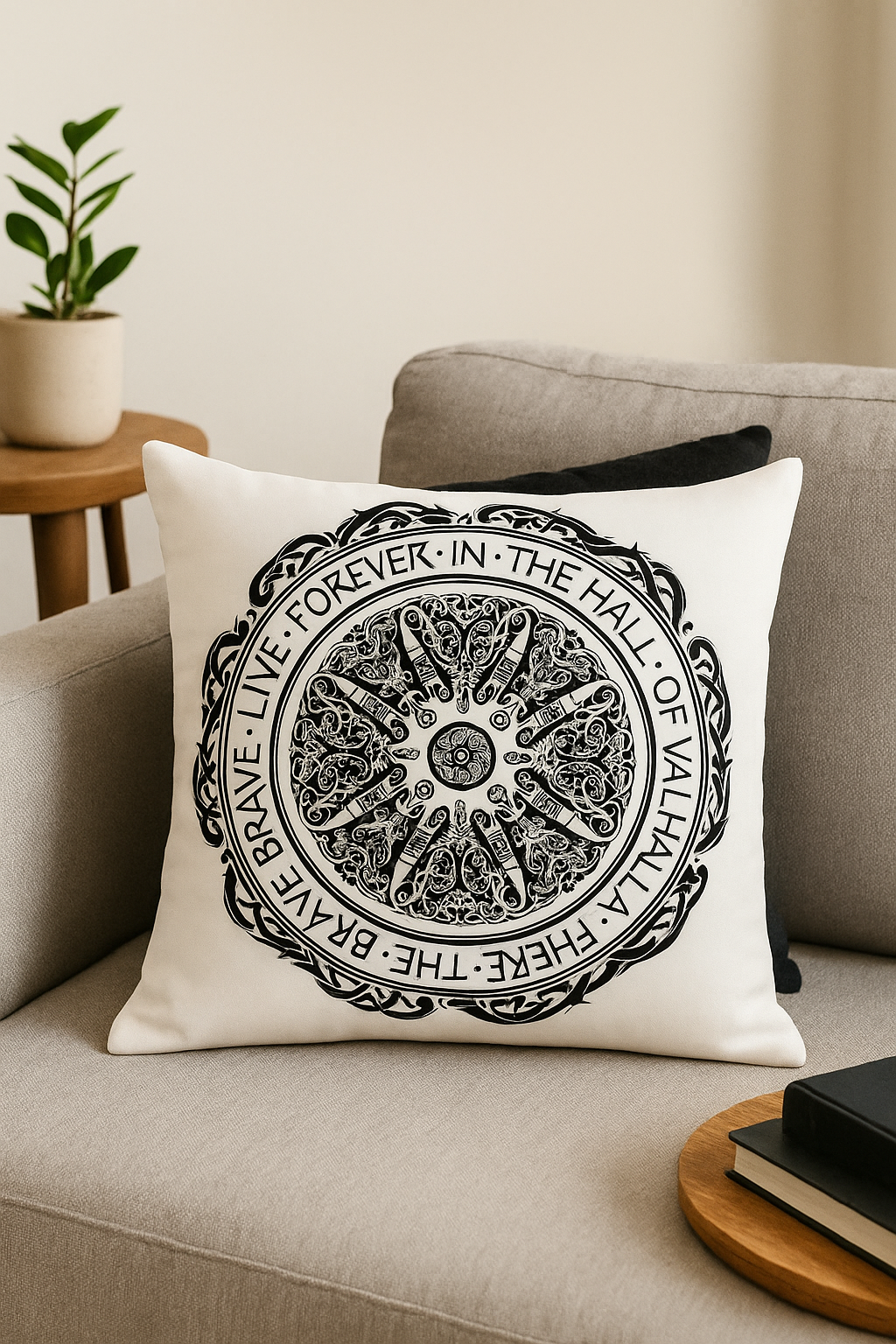 housse de coussin viking amulet motif géométrique noir et blanc