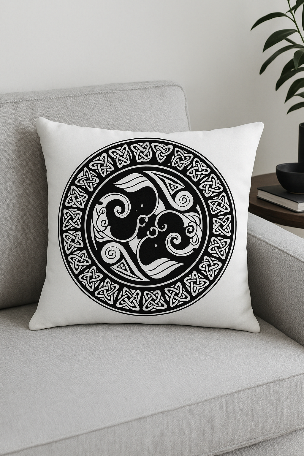 housse de coussin viking amulet motif géométrique noir et blanc