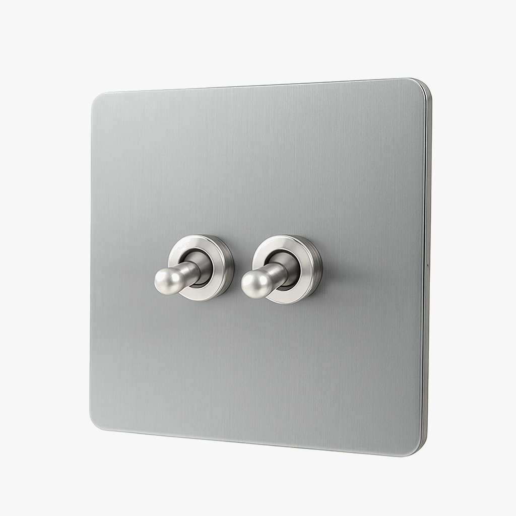 Interrupteur double 2 voies en acier gris brossé bords arrondis