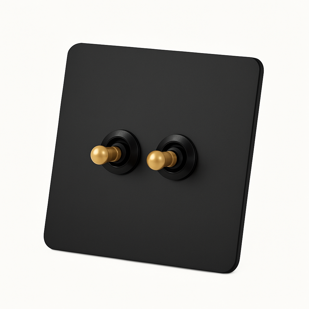 Interrupteur double 2 voies en acier noir mat et doré bords arrondis