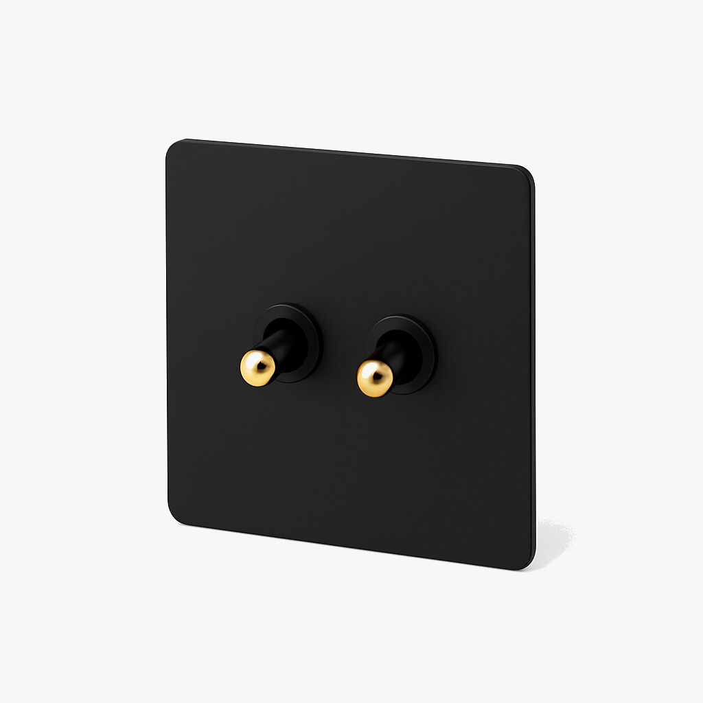 Interrupteur double 2 voies intermédiaire switch en acier noir mat et doré bords arrondis