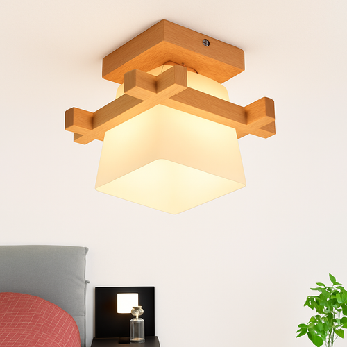 Japonais chaleureusement maison Cottage Tatami bois plafonnier Led avec abat-jour en verre couloir couloir balcon E27 plafonnier moderne