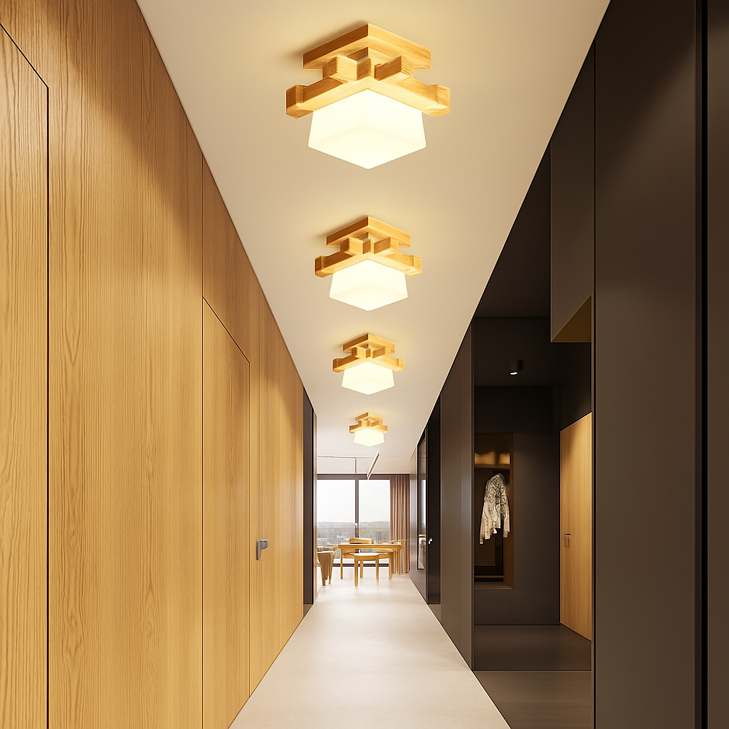 Japonais chaleureusement maison Cottage Tatami bois plafonnier Led avec abat-jour en verre couloir couloir balcon E27 plafonnier moderne - vue 7 sur 7