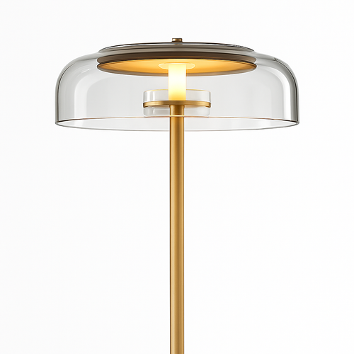Lampadaire doré avec abat-jour en verre arrondi