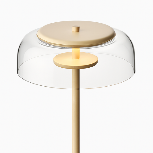 Lampadaire doré avec abat-jour en verre arrondi