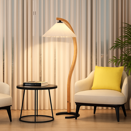 Lampadaire LED plissée en bois naturel et noyer