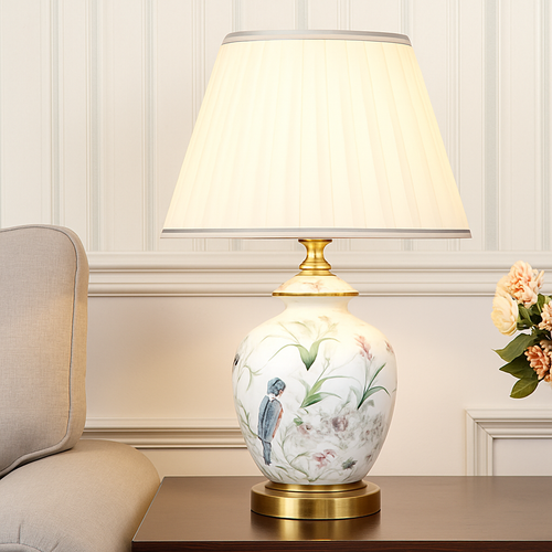 lampe de bureau céramique moderne motifs fleurs oiseaux décoration intérieure - vue 3 sur 9
