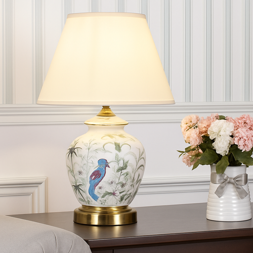 lampe de bureau céramique moderne motifs fleurs oiseaux décoration intérieure - vue 4 sur 9