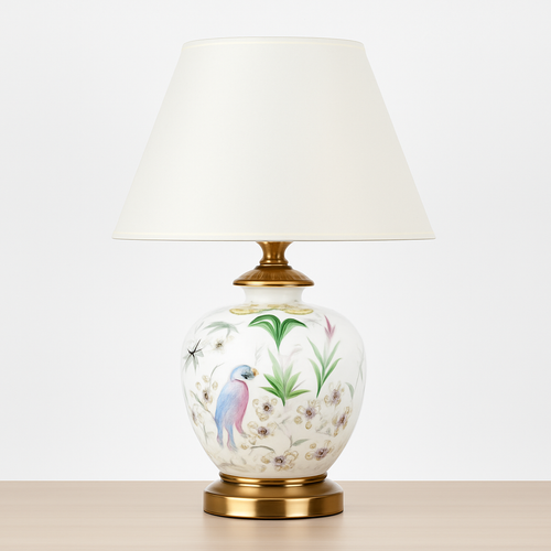 lampe de bureau céramique moderne motifs fleurs oiseaux décoration intérieure - vue 2 sur 9