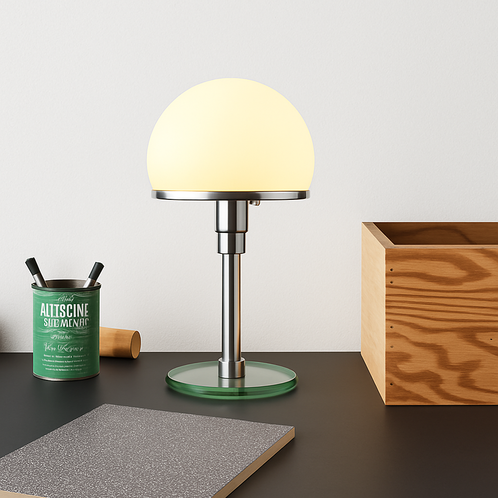 lampe de bureau design led en acier inoxydable wilhelm wagenfeld bauhaus - vue 3 sur 7