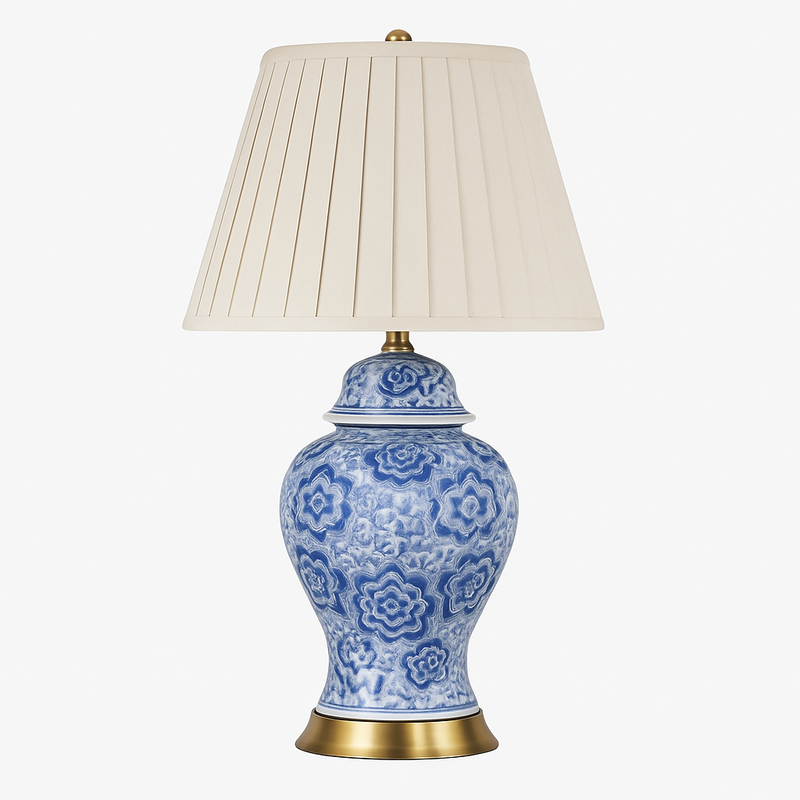 Lampe à poser LED en céramique bleu avec abat-jour blanc style Japonais