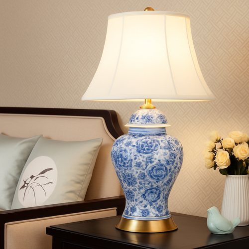Lampe à poser LED en céramique bleu avec abat-jour blanc style Japonais - vue 2 sur 3