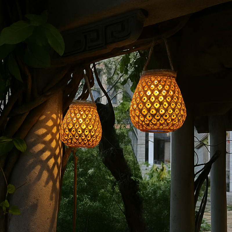 lanterne solaire extérieure suspendue en imitation bambou pour jardin terrasse