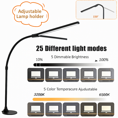 LAOPAO Lampe de bureau LED à double tête Lampes de bureau d'architecte EU/US Bureau 24W 5 modes de couleur les plus lumineux et 5 lampes de protection des yeux à intensité variable - vue 3 sur 10