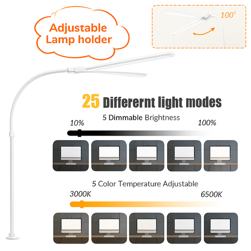 LAOPAO Lampe de bureau LED à double tête Lampes de bureau d'architecte EU/US Bureau 24W 5 modes de couleur les plus lumineux et 5 lampes de protection des yeux à intensité variable - vue 8 sur 10
