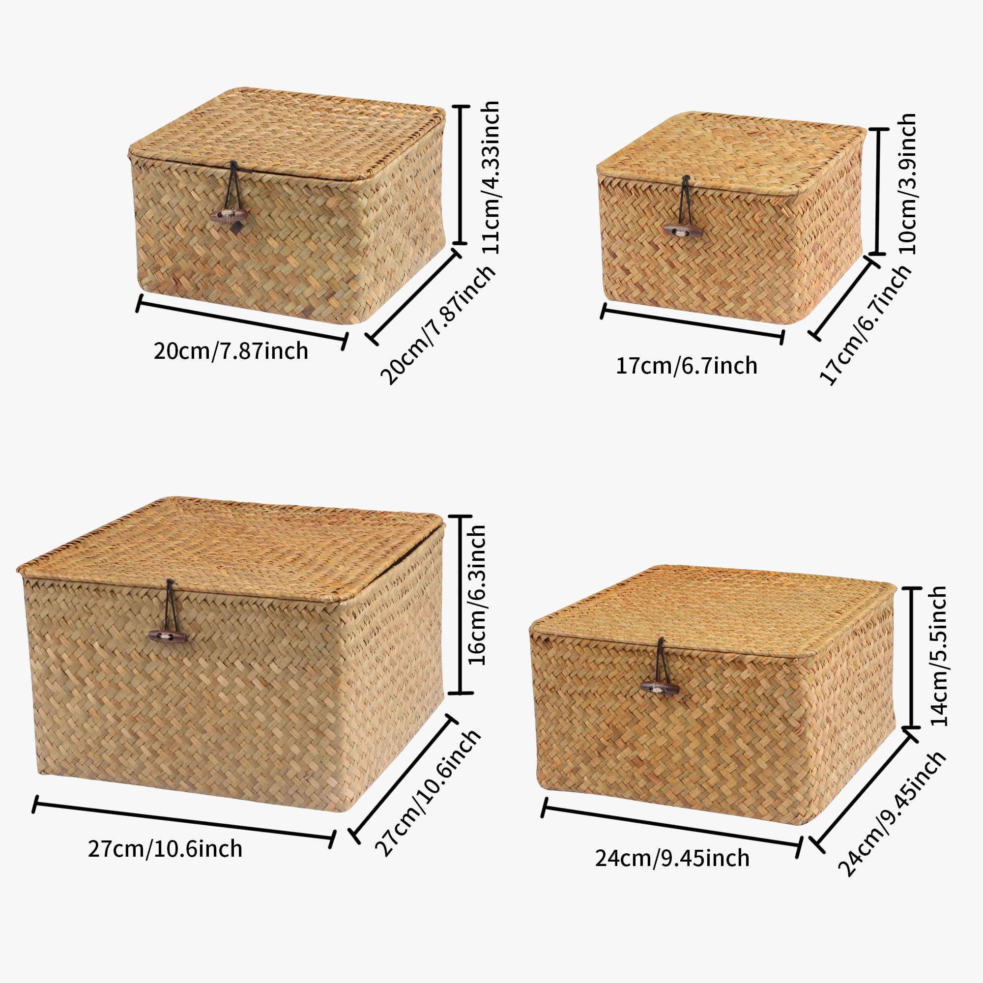 lot de 4 paniers en jonc de mer avec couvercle décoratifs et pratiques