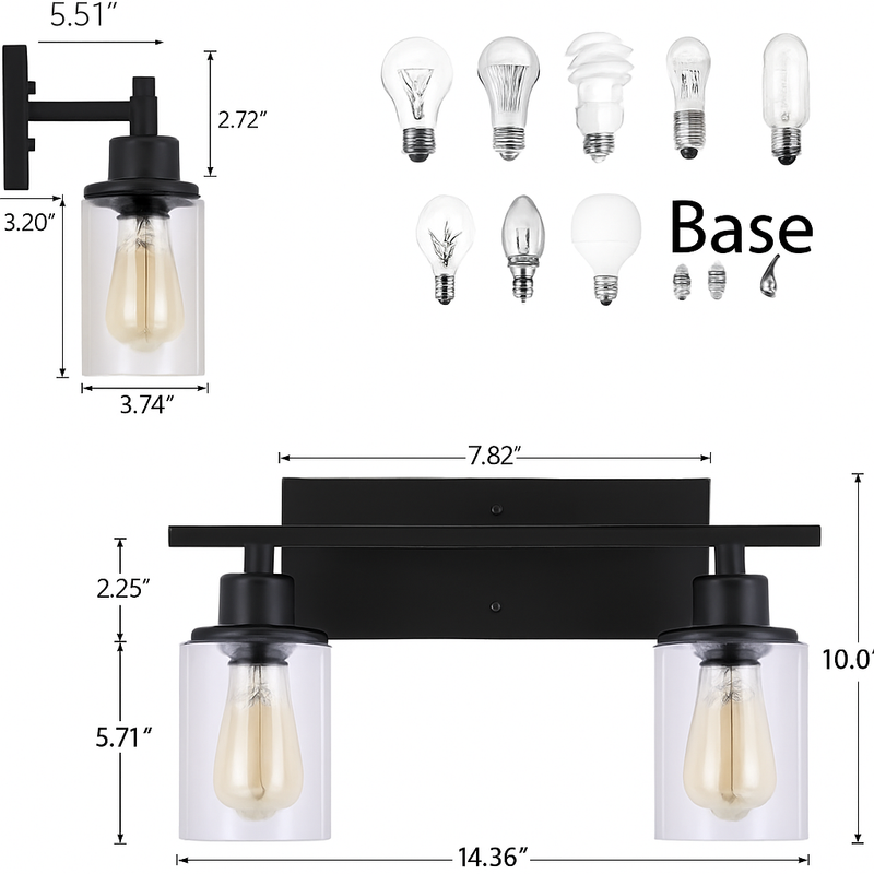 luminaire applique métal verre noir mate salle bains cuisine porche