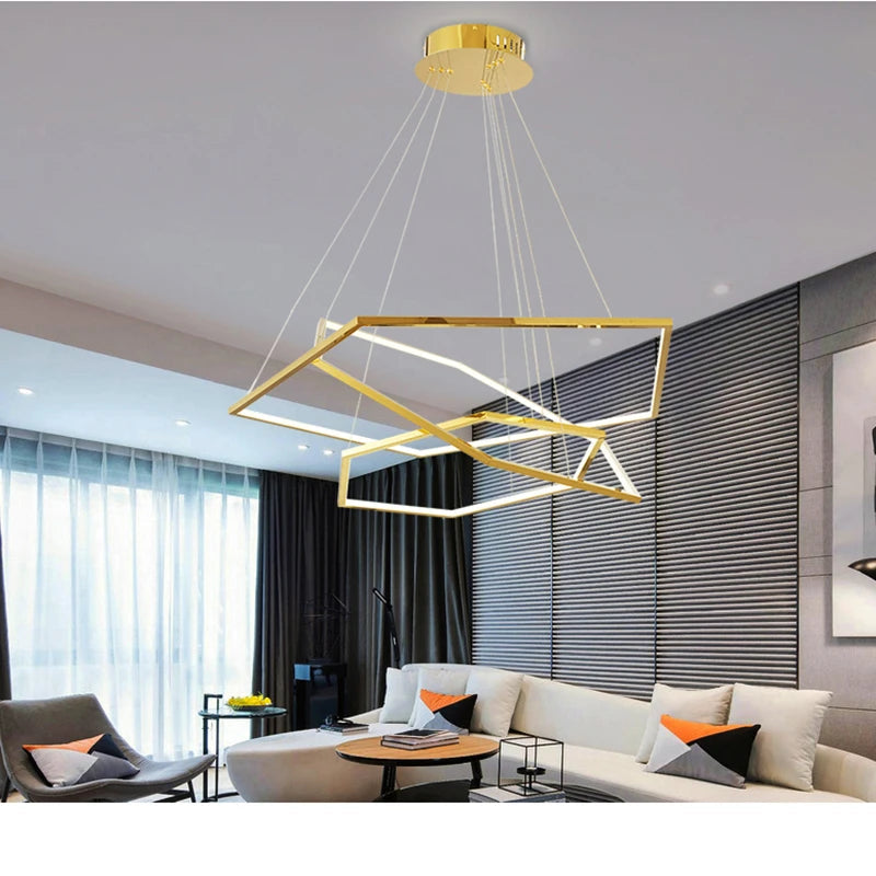 lustre de luxe minimaliste géométrique en or avec led
