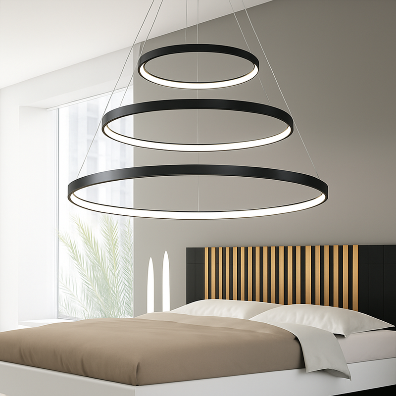 Lustre design avec anneaux imbriquées suspendus à LED