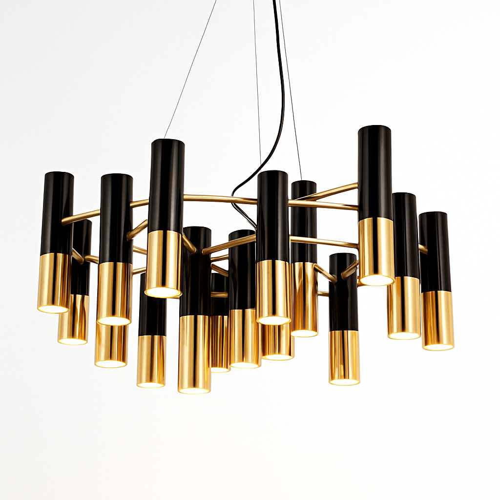 Lustre design avec tubes en métal noir et doré Italy - vue 7 sur 6