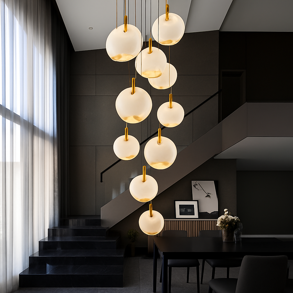 lustre design en marbre doré avec éclairage led tendance 2024 - vue 10 sur 25