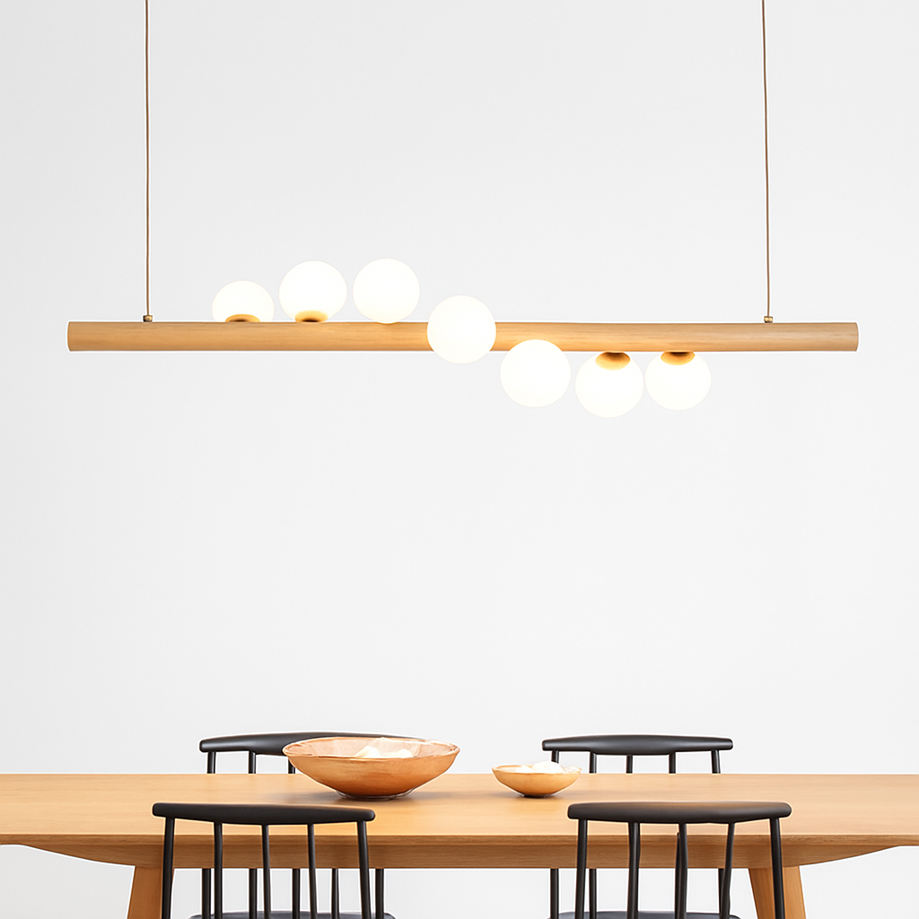 Lustre en bois LED avec plusieurs sphères au style scandinave - vue 3 sur 8