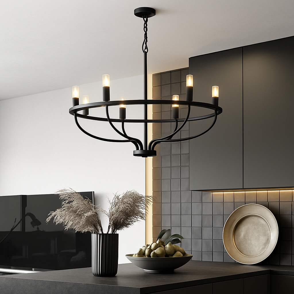 Lustre industriel rétro en fer à 6 têtes - vue 6 sur 8