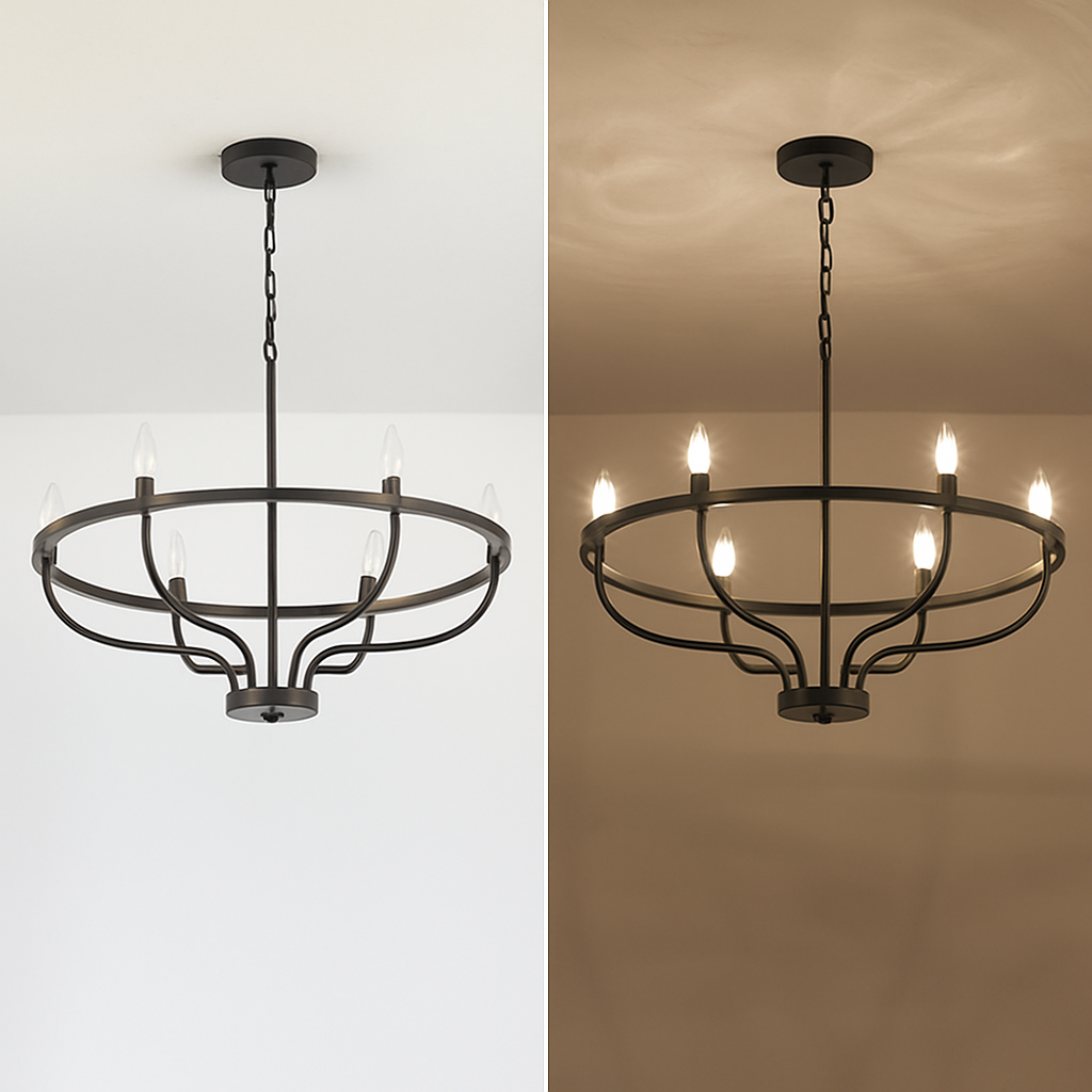 Lustre industriel rétro en fer à 6 têtes - vue 7 sur 8
