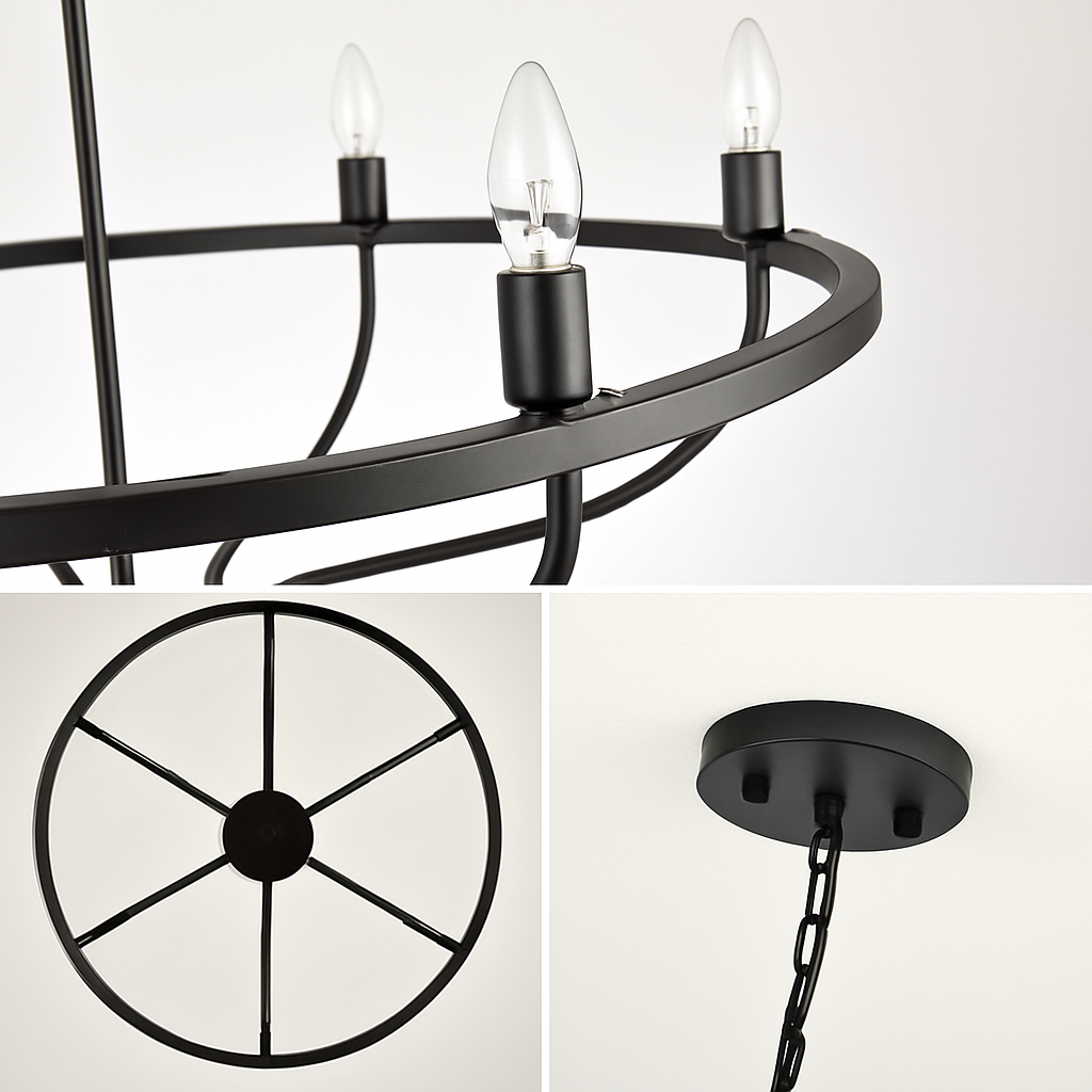 Lustre industriel rétro en fer à 6 têtes - vue 8 sur 8