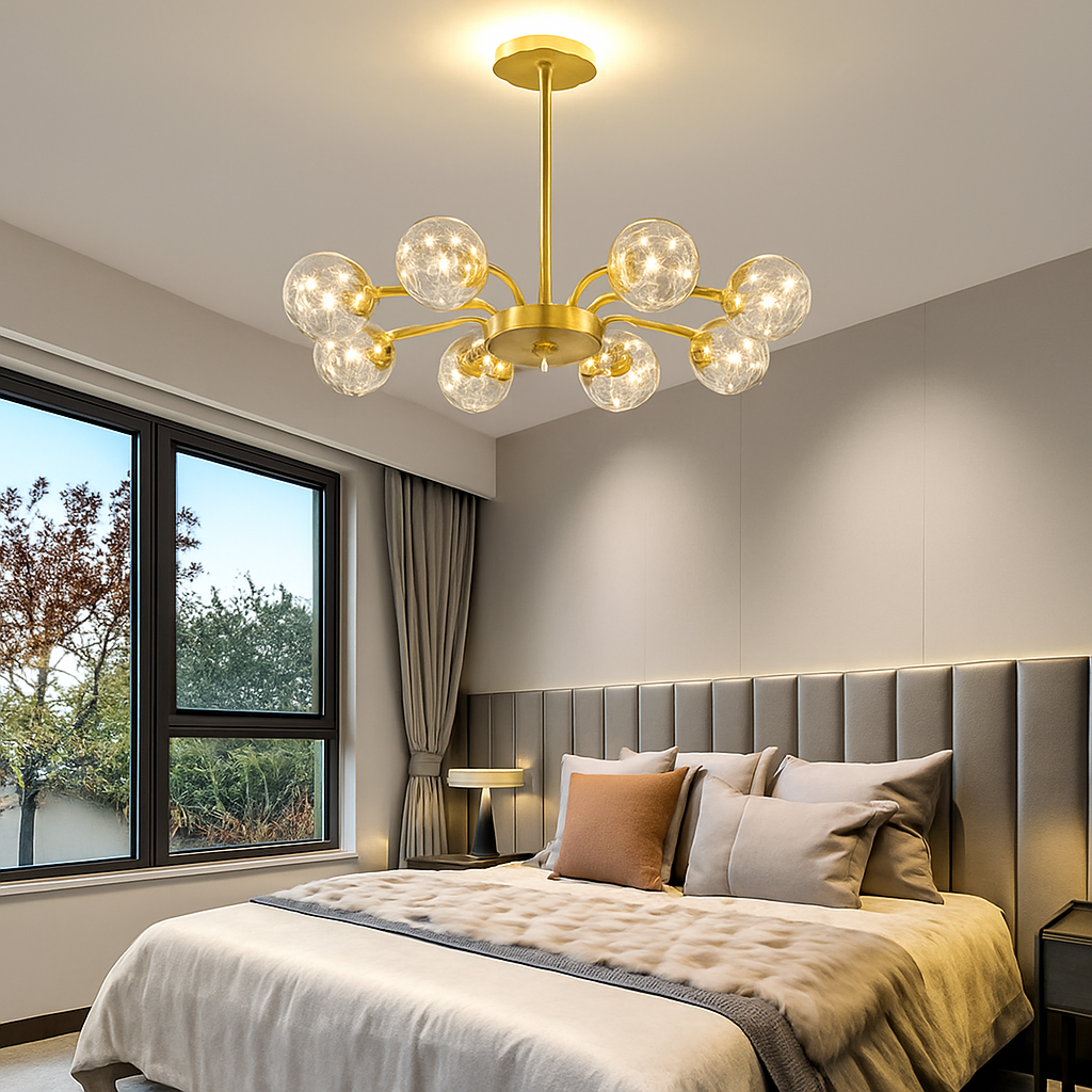 lustre led de luxe en fer avec boules de verre étoilées - vue 3 sur 16