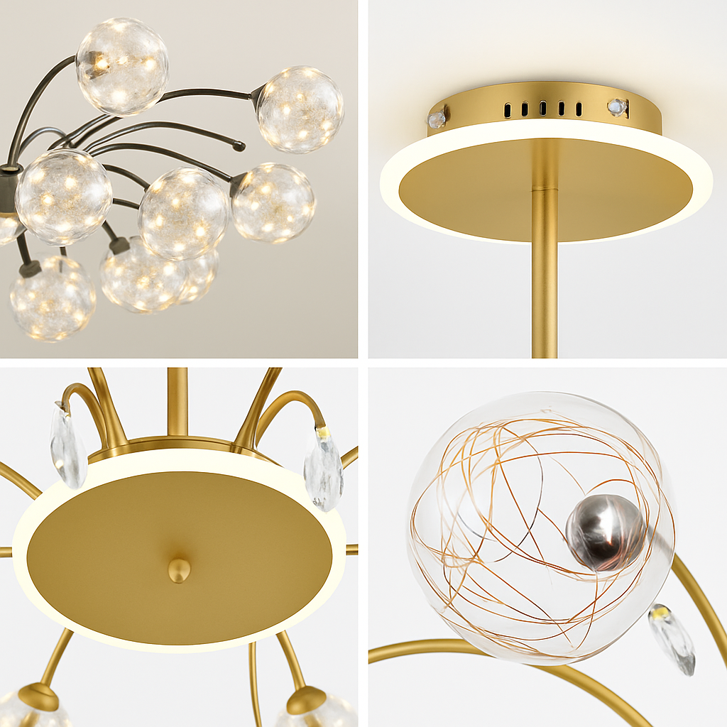 lustre led de luxe en fer avec boules de verre étoilées - vue 6 sur 16