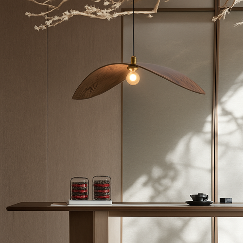 lustre à led wabi sabi en bois pour décoration intérieure - vue 4 sur 11