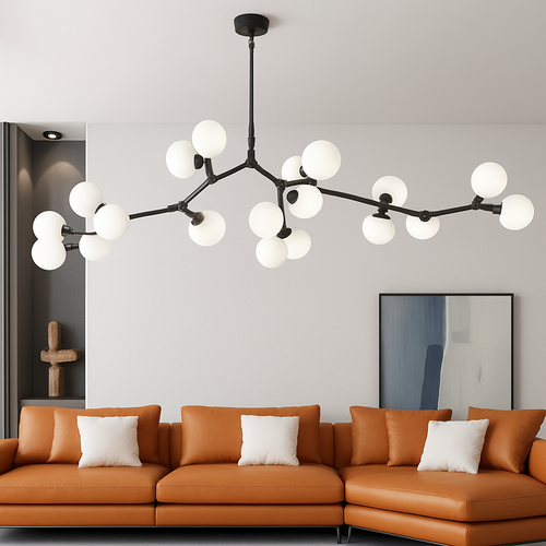 lustre moderne led avec branches d'arbre et boules de verre