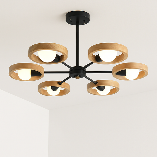 lustre nordique en bois avec abat-jour rond suspendu - vue 9 sur 12