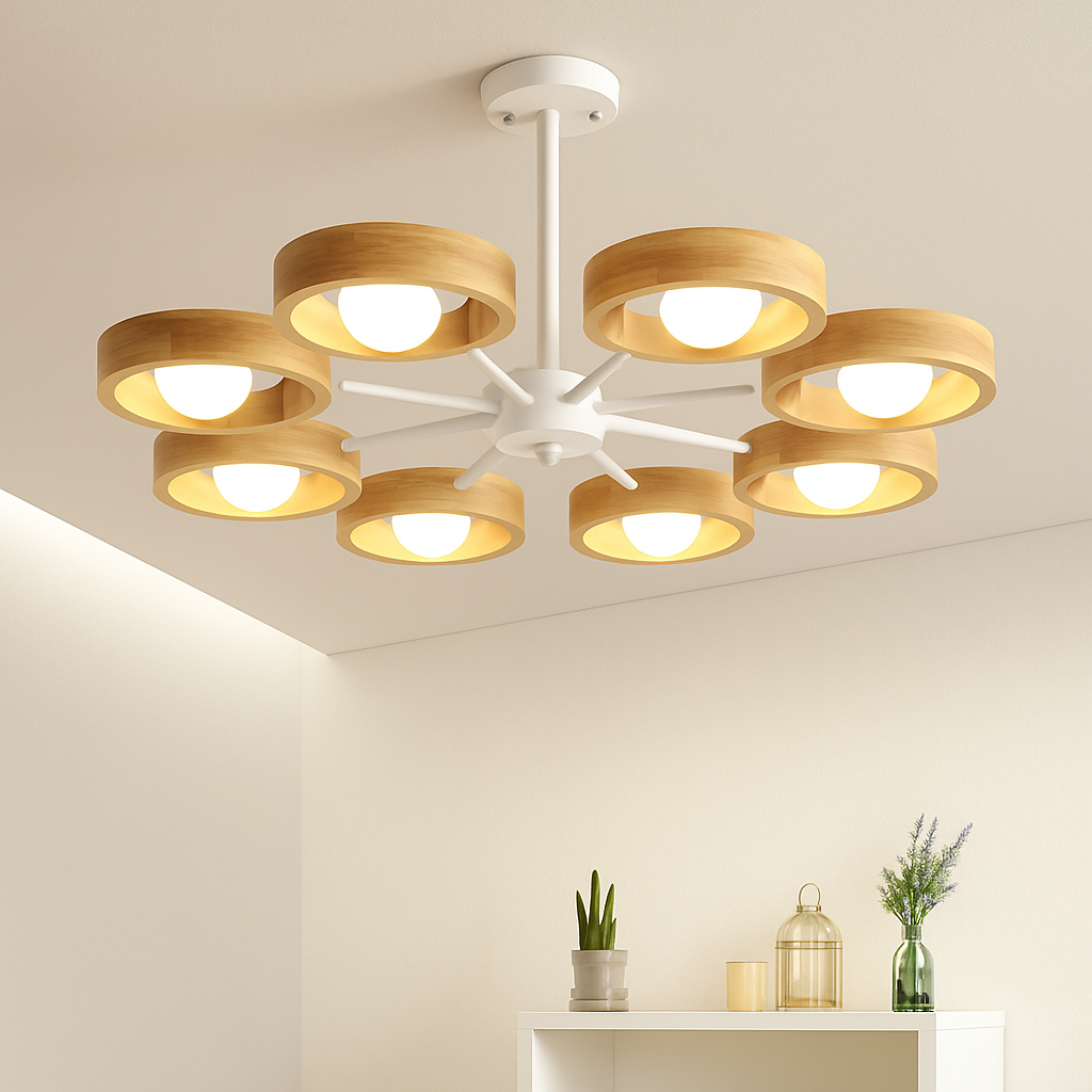 lustre nordique en bois avec abat-jour rond suspendu - vue 10 sur 12