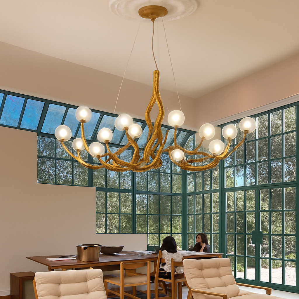 lustre nordique rétro en verre led avec branche d'arbre - vue 4 sur 9