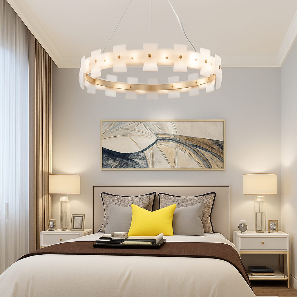 lustre rond en marbre naturel avec anneau en cuivre réglable - vue 3 sur 14
