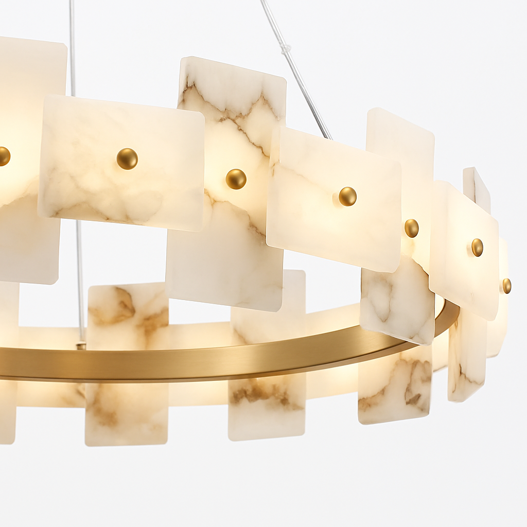lustre rond en marbre naturel avec anneau en cuivre réglable - vue 6 sur 14