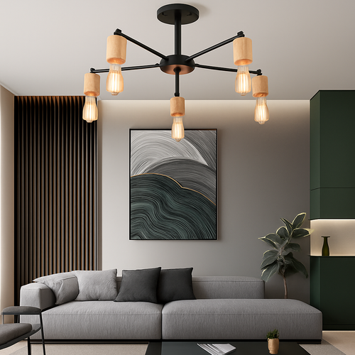 lustre sputnik industriel en bois et fer moderne