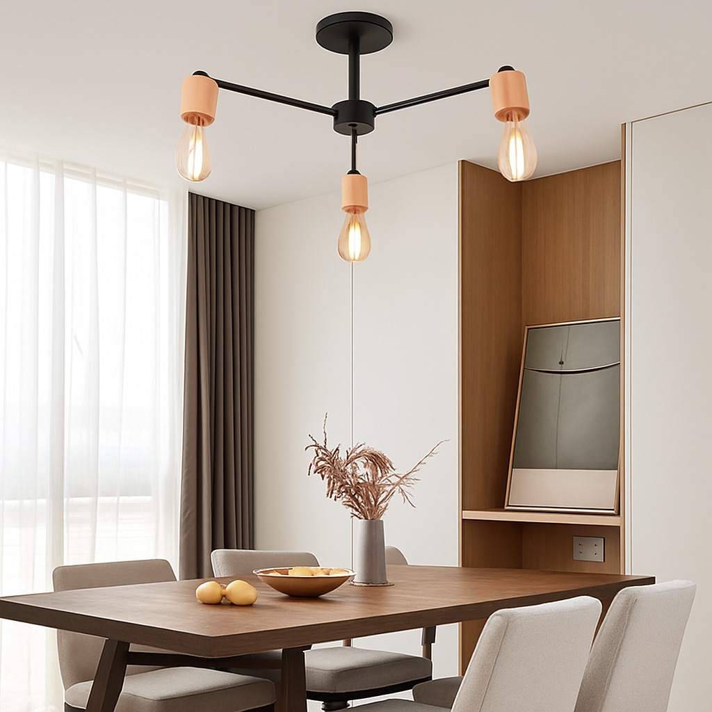 lustre sputnik industriel en bois et fer moderne - vue 5 sur 10