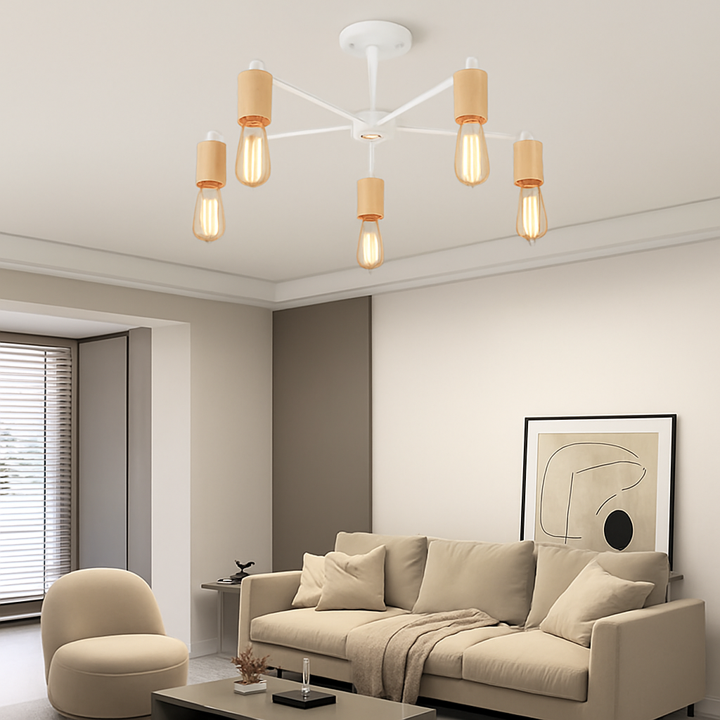 lustre sputnik industriel en bois et fer moderne - vue 6 sur 10