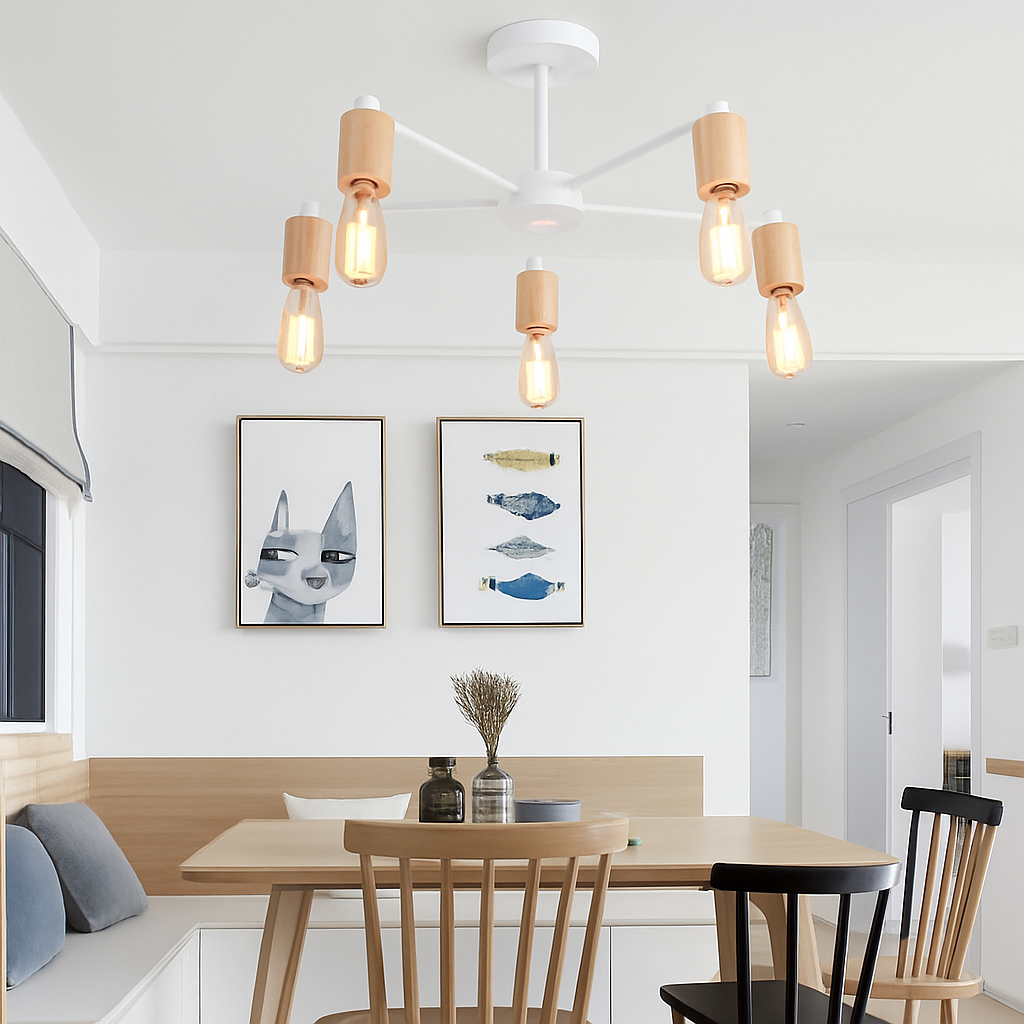 lustre sputnik industriel en bois et fer moderne - vue 7 sur 10