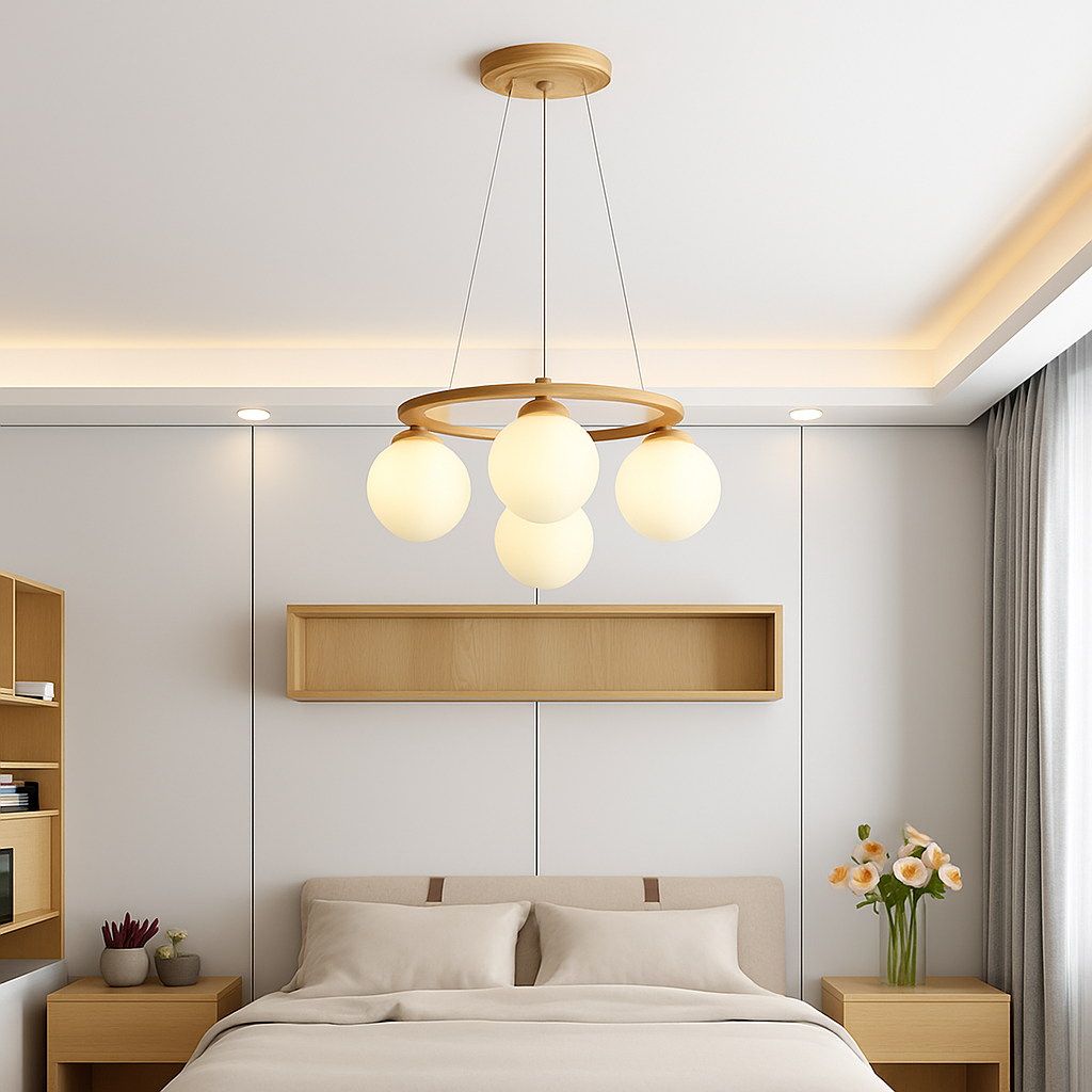 lustre suspendu en bois avec lampe en verre moderne - vue 3 sur 13