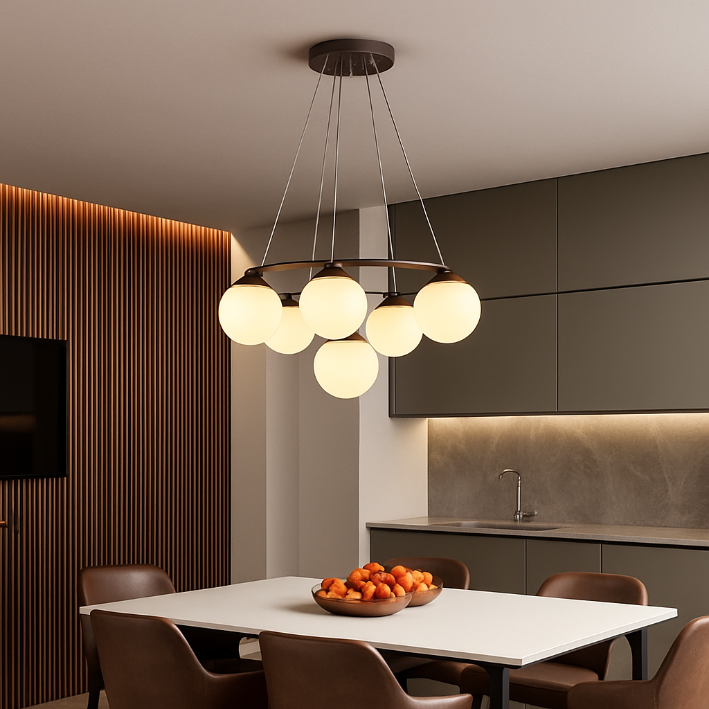 lustre suspendu en bois avec lampe en verre moderne - vue 4 sur 13