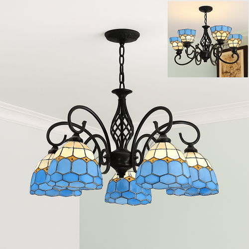 lustre tiffany méditerranéen en verre teinté pour décoration intérieure - vue 12 sur 18