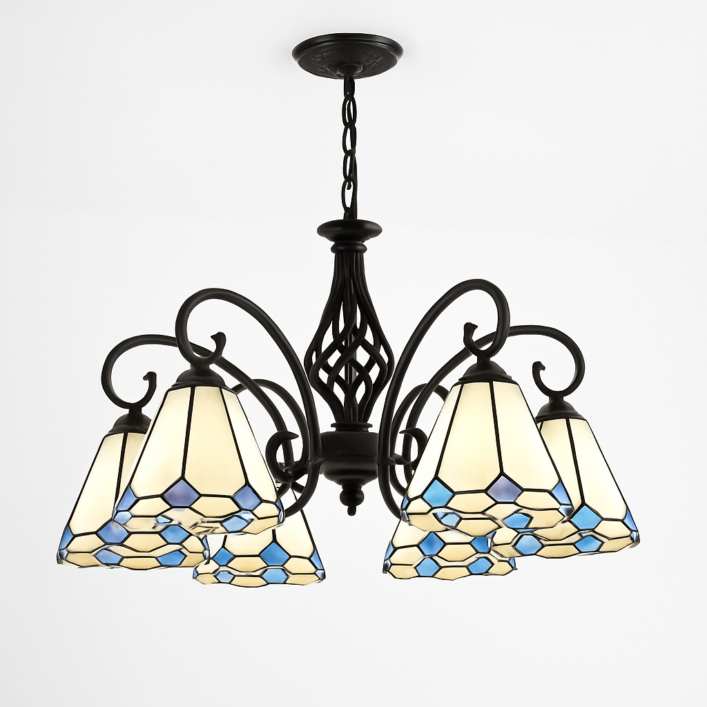 lustre tiffany méditerranéen en verre teinté pour décoration intérieure - vue 12 sur 18