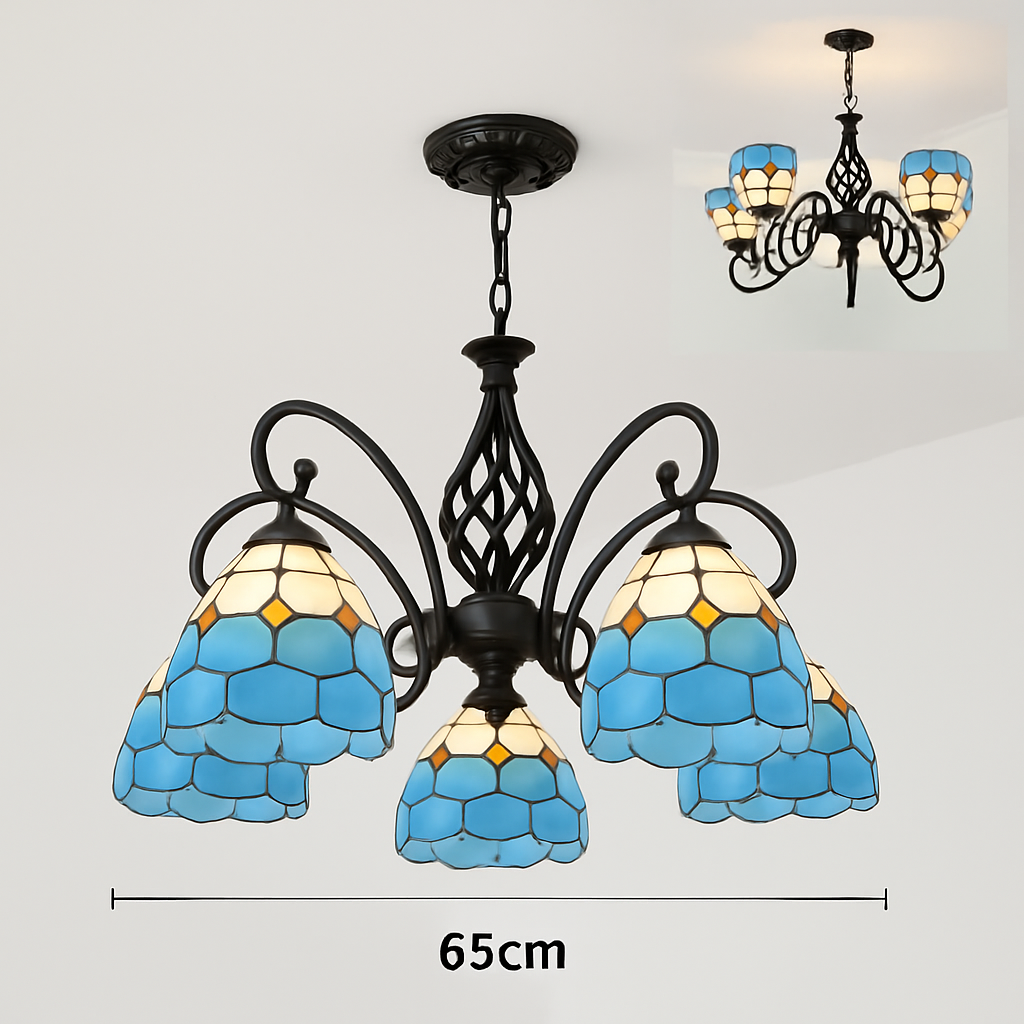 lustre tiffany méditerranéen en verre teinté pour décoration intérieure - vue 14 sur 18